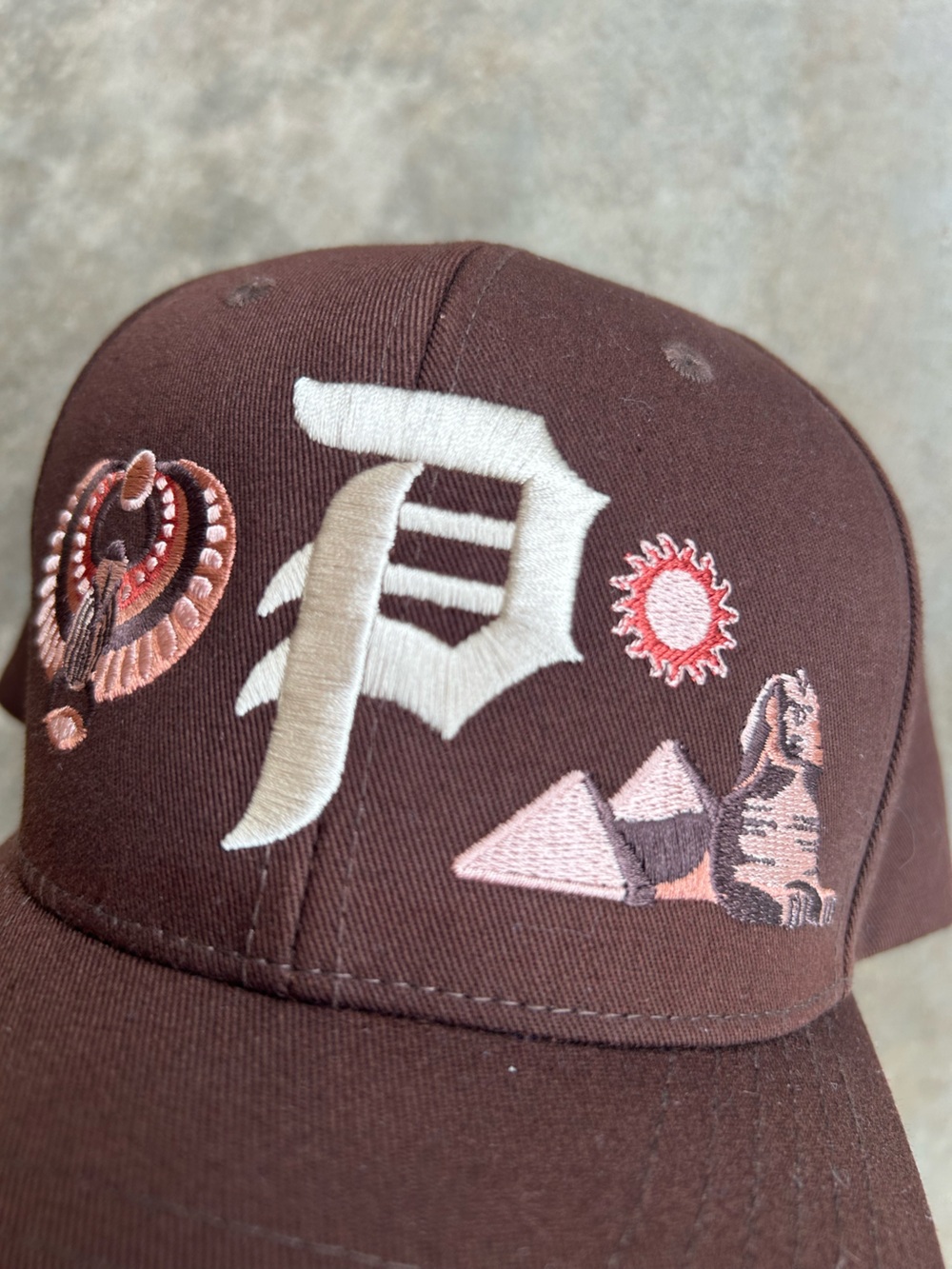 Primitive Brown Baseball Cap with Cream Logo and Embroidery - Picture 2 of 5